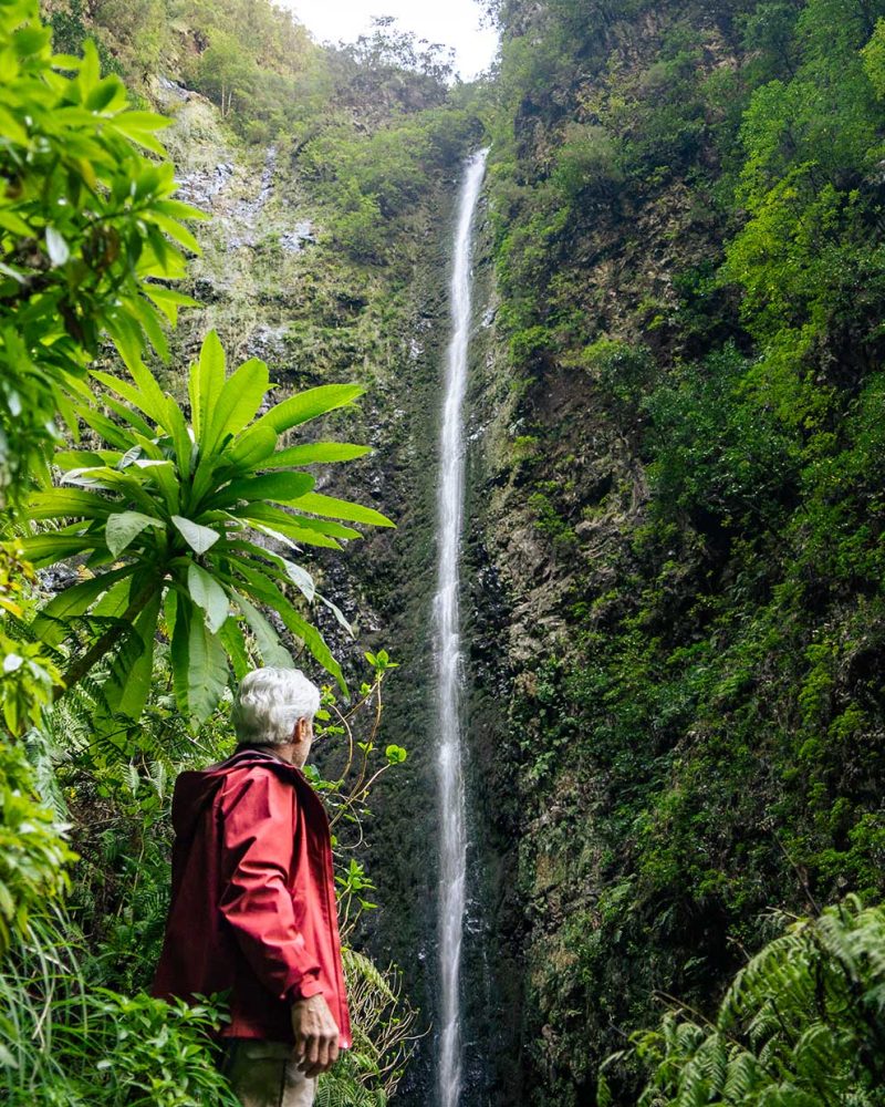 Hiker looking at a waterfall on the Levada do Caldeirão Verde in Madeira